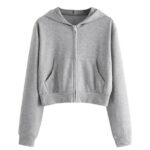 Yuwull Hoodies for Women Casual Zip Up Drawstring Cropped Hoodie Long Sleeve Short Sweatshirt Hooded Crop Jacket Top with Pockets Gray