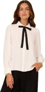 Adrianna Papell Women's Long Sleeve Woven Button Front Top with Contrast Neck Tie