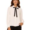 Adrianna Papell Women's Long Sleeve Woven Button Front Top with Contrast Neck Tie