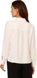 Adrianna Papell Women's Long Sleeve Woven Button Front Top with Contrast Neck Tie