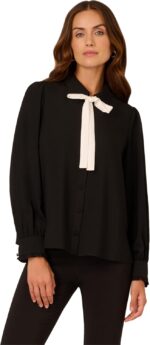 Adrianna Papell Women's Long Sleeve Woven Button Front Top with Contrast Neck Tie