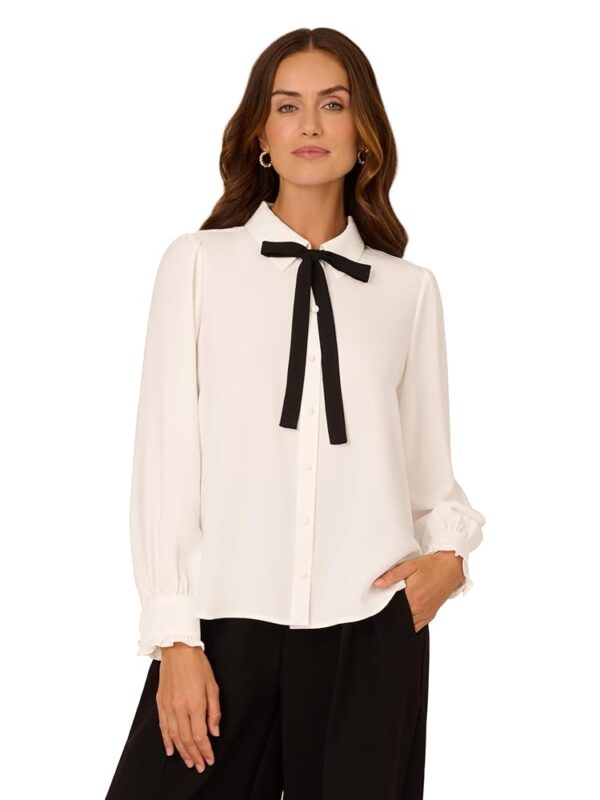 Adrianna Papell Women's Long Sleeve Woven Button Front Top with Contrast Neck Tie