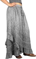 Agan Traders Women's 2024 Fall Western Boho Vintage Drawstring Embroidered Flared Ruffle High Waist Long Skirt