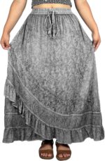 Agan Traders Women's 2024 Fall Western Boho Vintage Drawstring Embroidered Flared Ruffle High Waist Long Skirt