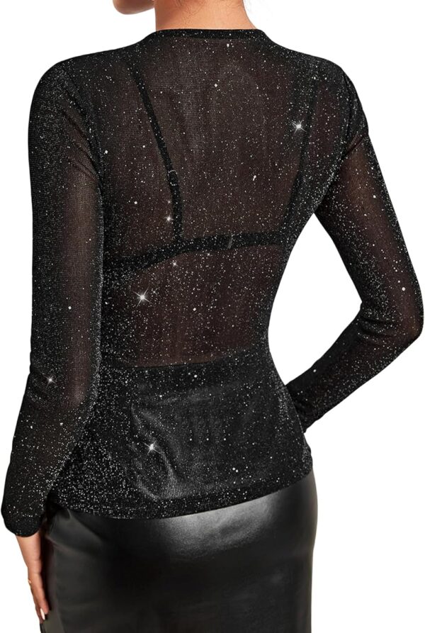 Allchic Glitter Sheer Mesh Tops for Women Long Sleeve Blouses Club T Shirts