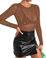 Allchic Glitter Sheer Mesh Tops for Women Long Sleeve Blouses Club T Shirts