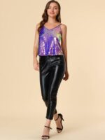 Allegra K Women's Sequined Shining Camisole Club Party Glitter Disco Sparkle Cami Top