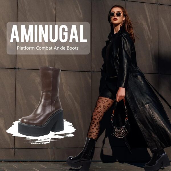 AMINUGAL Womens Wedge Heel Ankle Boots Platform Zipper Punk Motorcycle Booties Chunky Block High Heel Round Toe Fashion Work Combat Boots Mid Calf For Women