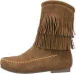 ANUFER Women's Fashion Double-Fringe Moccasin Boots Mid-calf Cowboy Boots