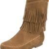 ANUFER Women's Fashion Double-Fringe Moccasin Boots Mid-calf Cowboy Boots