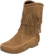 ANUFER Women's Fashion Double-Fringe Moccasin Boots Mid-calf Cowboy Boots