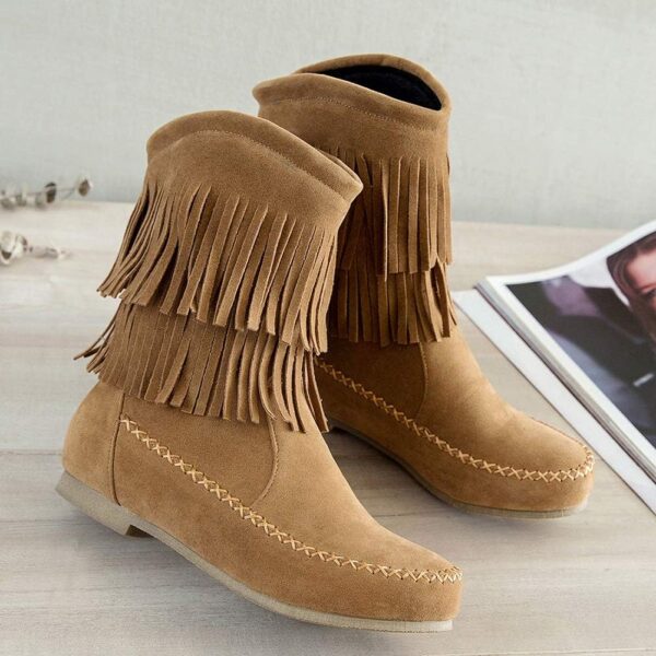 ANUFER Women's Fashion Double-Fringe Moccasin Boots Mid-calf Cowboy Boots