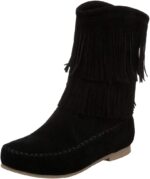 ANUFER Women's Fashion Double-Fringe Moccasin Boots Mid-calf Cowboy Boots