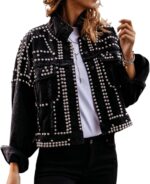 APAFES Women's Fashion Crop Fringe Denim Jacket Distressed Western Studded Black Trucker Jacket