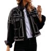 APAFES Women's Fashion Crop Fringe Denim Jacket Distressed Western Studded Black Trucker Jacket