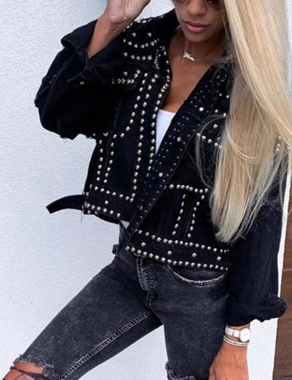 APAFES Women's Fashion Crop Fringe Denim Jacket Distressed Western Studded Black Trucker Jacket