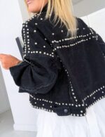 APAFES Women's Fashion Crop Fringe Denim Jacket Distressed Western Studded Black Trucker Jacket