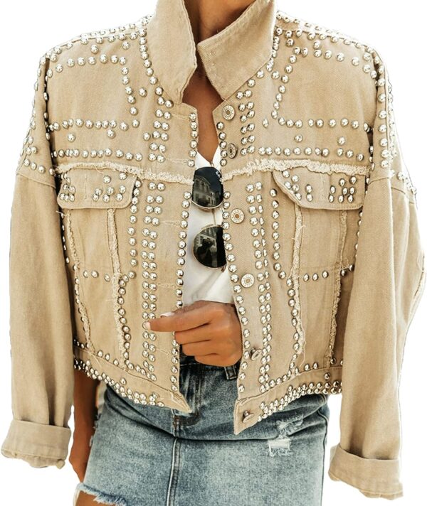 APAFES Women's Fashion Crop Fringe Denim Jacket Distressed Western Studded Black Trucker Jacket