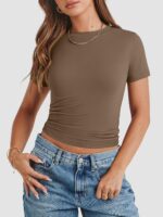 ATHMILE Womens T Shirts Basic Scoop Neck Short Sleeve Crop Tops Cute Summer Tops Slim Fit Tees Y2k Clothing 2024