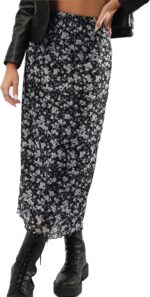 Avanova Women Ditsy Floral Bohemian Mesh Midi Skirt Elastic High Waisted Flowy Summer Long Skirt