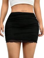 Avanova Women Mesh Bodycon Mini Skirt High Waist Ruched Summer Short Skirt