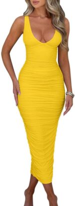 BEAGIMEG Women's Sexy Ruched Sleeveless Deep V Elegant Cocktail Evening Party Maxi Dress