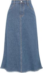 Belle Poque Vintage Denim Skirts for Women Elastic High Waist Frayed Raw Hem A-Line Maxi Long Jean Skirts with Pockets