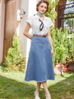 Belle Poque Vintage Denim Skirts for Women Elastic High Waist Frayed Raw Hem A-Line Maxi Long Jean Skirts with Pockets