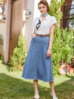 Belle Poque Vintage Denim Skirts for Women Elastic High Waist Frayed Raw Hem A-Line Maxi Long Jean Skirts with Pockets