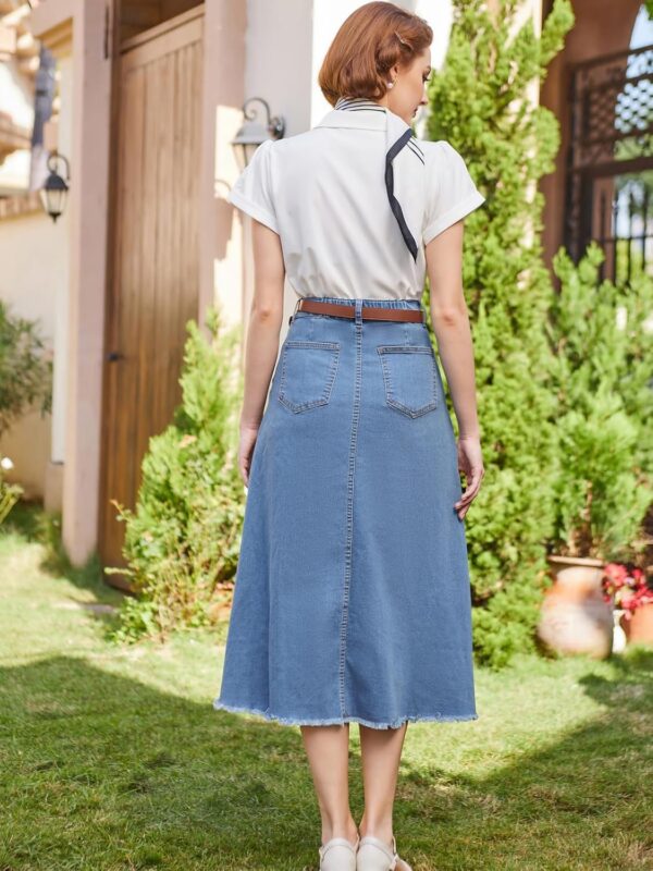 Belle Poque Vintage Denim Skirts for Women Elastic High Waist Frayed Raw Hem A-Line Maxi Long Jean Skirts with Pockets