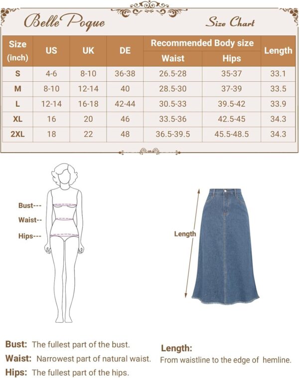 Belle Poque Vintage Denim Skirts for Women Elastic High Waist Frayed Raw Hem A-Line Maxi Long Jean Skirts with Pockets