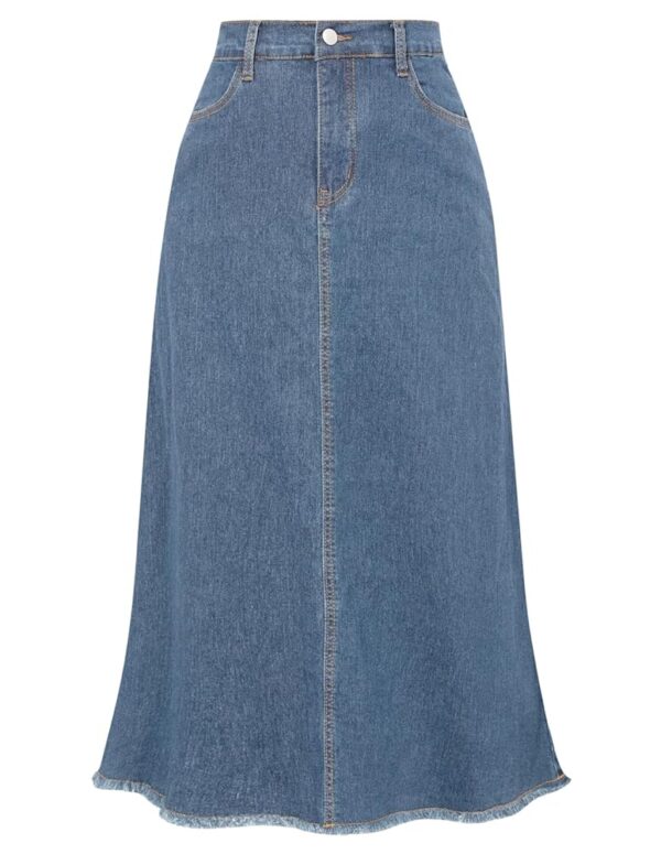 Belle Poque Vintage Denim Skirts for Women Elastic High Waist Frayed Raw Hem A-Line Maxi Long Jean Skirts with Pockets