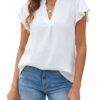 Blooming Jelly Womens White Blouse V Neck Ruffle Sleeve Flowy Shirts Dressy Casual Cute Summer Tops