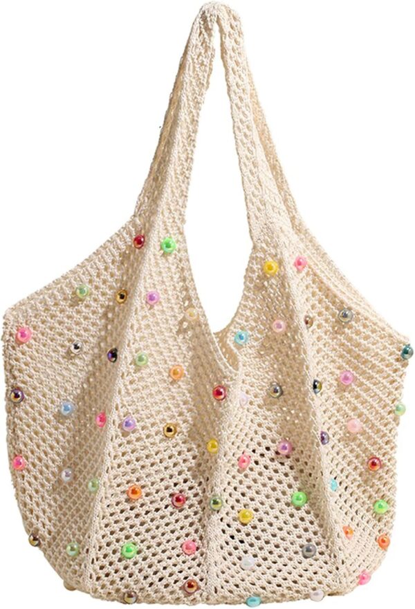 Boho Crochet Beach Tote Shoulder Bag with Colored Beads | Colorful Aesthetic Hippie Knit Bag for Women