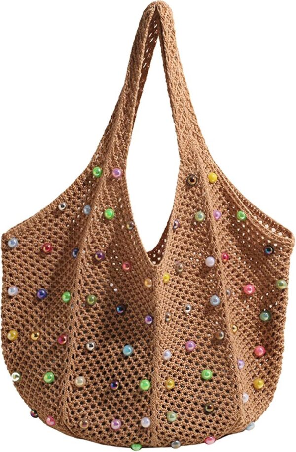 Boho Crochet Beach Tote Shoulder Bag with Colored Beads | Colorful Aesthetic Hippie Knit Bag for Women