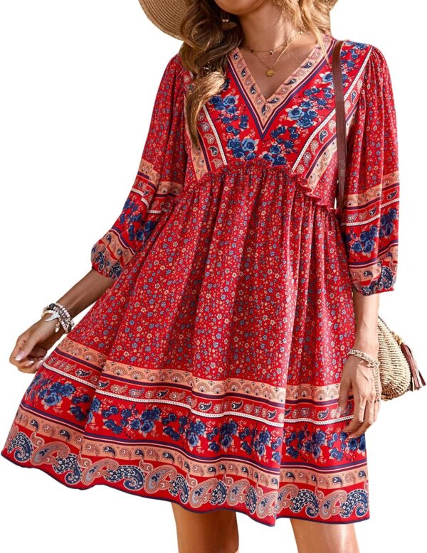 BTFBM Women Casual Spring Summer Dresses V Neck 3/4 Long Sleeve Ruffle Floral Flowy Boho Babydoll Mini Short Beach Dress