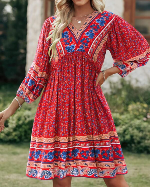 BTFBM Women Casual Spring Summer Dresses V Neck 3/4 Long Sleeve Ruffle Floral Flowy Boho Babydoll Mini Short Beach Dress