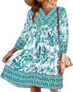 BTFBM Women Casual Spring Summer Dresses V Neck 3/4 Long Sleeve Ruffle Floral Flowy Boho Babydoll Mini Short Beach Dress