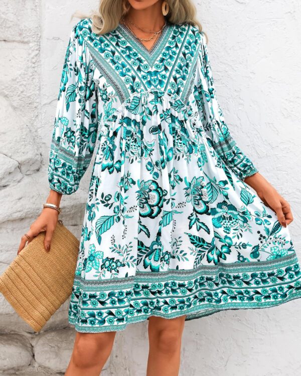 BTFBM Women Casual Spring Summer Dresses V Neck 3/4 Long Sleeve Ruffle Floral Flowy Boho Babydoll Mini Short Beach Dress