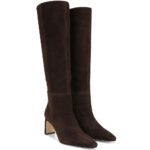 Burgundy Knee High Boots for Women Square Toe Chunky Heeled Boots Fall Dress Elastic Tall Boots with Zipper