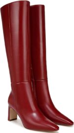 Burgundy Knee High Boots for Women Square Toe Chunky Heeled Boots Fall Dress Elastic Tall Boots with Zipper