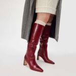 Burgundy Knee High Boots for Women Square Toe Chunky Heeled Boots Fall Dress Elastic Tall Boots with Zipper