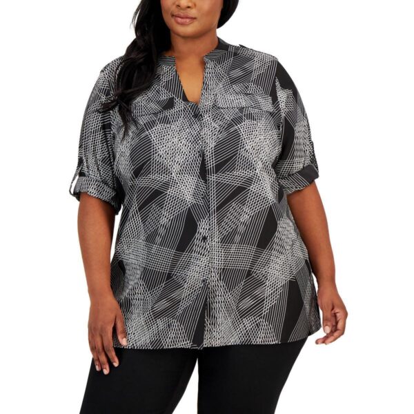 Calvin Klein Womens B/W Printed Button-Down Top Plus 1X BHFO 2100