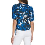 Calvin Klein Womens Blue Abstract Smocked Pullover Top Shirt L BHFO 2032