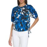 Calvin Klein Womens Blue Abstract Smocked Pullover Top Shirt L BHFO 2032