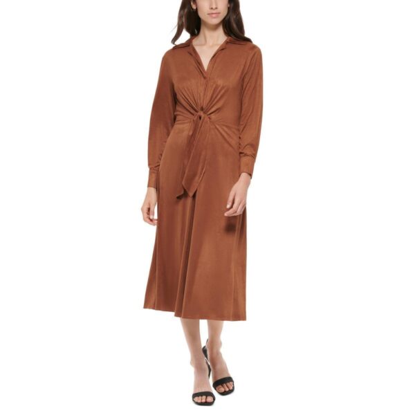 Calvin Klein Womens Brown Faux Suede Tea Long Sleeve Shirtdress 8 BHFO 0065