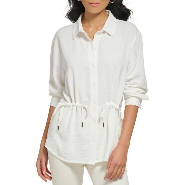 Calvin Klein Womens White Gathered Detail Button-Down Top Shirt L BHFO 9623