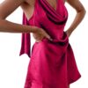 Cantonwalker Women's Cowl Neck Halterneck Slip On Backless Satin Mini Dress Sexy Silky Party Club Bodycon Dresses 0213