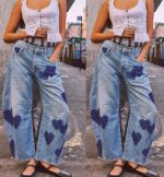 CHARTOU Y2k Barrel Jeans Women Wide Leg Jeans Baggy Distressed Printed Boyfriend Horseshoe Jeans Denim Pants