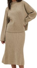 CHYRII Womens Fashion Two Piece Outfits Mock Neck Oversized Sweater Tops Skirt Sets Sweater Dress Lounge Set